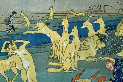 Komiksowe lisy ćwiczące zmianę kształtu (Dōke kitsume henge no keiko), ok. 1842 autorstwa Utagawa Kuniyoshi