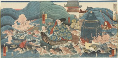Smoczy Bóg nagradza Hidesato trzema prezentami, kwiecień 1858 r. autorstwa Utagawa Kuniyoshi