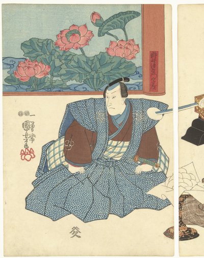 Trzech aktorów przy składanym ekranie autorstwa Utagawa Kuniyoshi