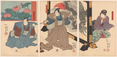 Trzech aktorów przy składanym ekranie autorstwa Utagawa Kuniyoshi