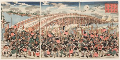 Jedenasty akt "Chushingury": Lojalni strażnicy zbierają się na moście Ryogoku autorstwa Utagawa Kuniyoshi