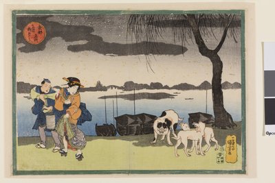 Gejsza, asystent i trzy psy w pobliżu mostu Yanagi w Ryogoku, z serii Słynne widoki wschodniej stolicy, ok. 1834 (kolorowy drzeworyt "nishiki-e"; tusz i kolor na papierze) autorstwa Utagawa Kuniyoshi