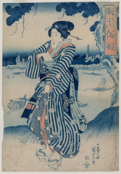 Gejsza stojąca na brzegu rzeki Sumida (z serii Ludzie, którzy lubią najnowsze mody i maniery) autorstwa Utagawa Kuniyoshi