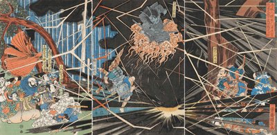 G uzupełnieniem złego Minamoto no Yoshihira było złoto g Namba Jiro w Nunobiki Water Fal, 1825. autorstwa Utagawa Kuniyoshi