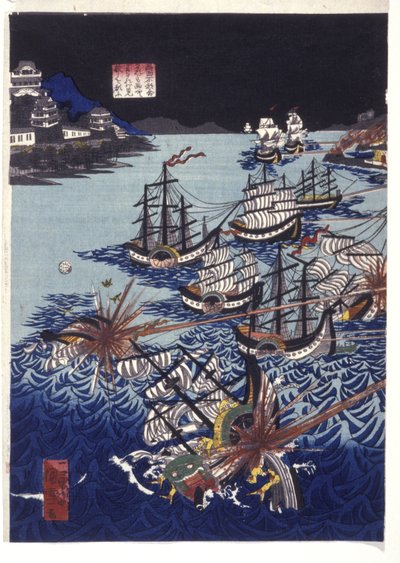 Nadany tytuł: Inwazja mongolska na Japonię (kolorowy drzeworyt) autorstwa Utagawa Kuniyoshi
