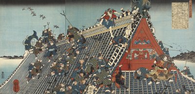 Hakkenden no uchi: Horyu-kaku; Na dachu w Hôryû-kaku, 1836-1837 (drewnodruk, tryptyk) autorstwa Utagawa Kuniyoshi