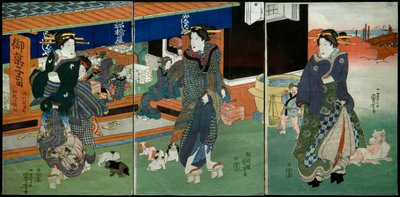 Przed sklepem ze słodyczami Funabashiya autorstwa Utagawa Kuniyoshi