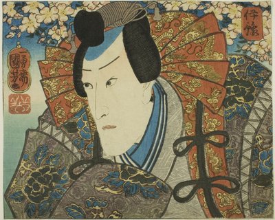 Prowincja Iyo: Ichikawa Danjuro VIII jako Minamoto no Yoshitune, z serii „Prowincja Iyo: Współczesne sceny prowincji w Edo Brocades” autorstwa Utagawa Kuniyoshi