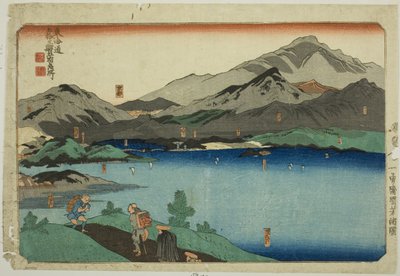 Minakuchi, Ishibe, Kusatsu, Otsu i Kyoto, z serii „Słynne miejsca na pięćdziesięciu trzech stacjach Tokaido, pięć stacji (Tokaido gojusan eki goshuku meisho)” autorstwa Utagawa Kuniyoshi