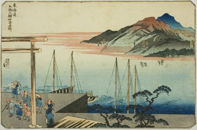 Miya, Kuwana, Yokkaichi i Ishiyakushi z serii „Słynne miejsca na pięćdziesięciu trzech stacjach Tokaido, cztery stacje (Tokaido gojusan eki yonshuku meisho)” autorstwa Utagawa Kuniyoshi