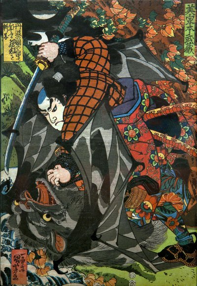 Seria Miyamoto Musashi: Bez tytułu seria rycin wojowników wydana przez Kawaguchi , c.1827-27 autorstwa Utagawa Kuniyoshi