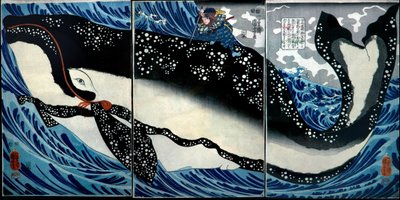 Miyamoto Musashi zabija ogromnego wieloryba, ok. 1847 r. autorstwa Utagawa Kuniyoshi