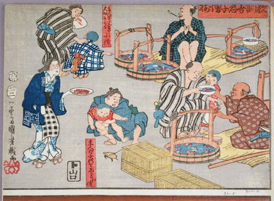 Nauczanie moralne kupców, dające dobre i złe przykłady zachowań, 1857 (kolorowy drzeworyt) autorstwa Utagawa Kuniyoshi