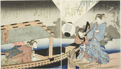 Nocna scena na pokładzie łodzi wycieczkowej autorstwa Utagawa Kuniyoshi