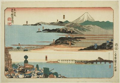Nihonbashi, Shinagawa, Kawasaki i Kanagawa z serii „Słynne miejsca na pięćdziesięciu trzech stacjach Tokaido, cztery stacje (Tokaido gojusan eki yonshuku meisho)” autorstwa Utagawa Kuniyoshi