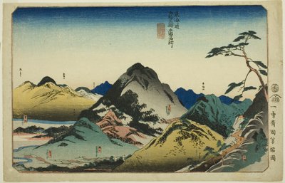 Nissaka, Kakegawa, Fukuroi, Mitsuke i Hamamatsu z serii „Słynne miejsca na pięćdziesięciu trzech stacjach Tokaido, pięć stacji (Tokaido gojusan eki goshuku meisho)” autorstwa Utagawa Kuniyoshi