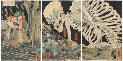 Oyataro Mitsukuni przeciwstawia się widmu szkieletu wyczarowanemu przez księżniczkę Takiyaszę, 1844-1845. autorstwa Utagawa Kuniyoshi