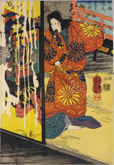 Część kolorowego tryptyku drzeworytowego zatytułowanego Imayo Teruuji furudera no kozu autorstwa Utagawa Kuniyoshi