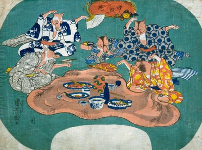 Racoon Dog and Fox at Play (Tanuki do kitsune no asobi), ok.1842 autorstwa Utagawa Kuniyoshi