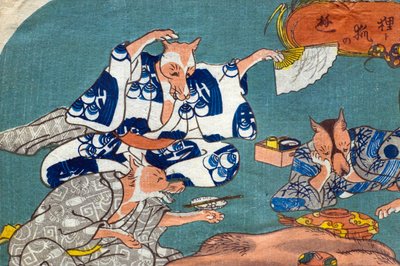 Racoon Dog and Fox at Play (Tanuki do kitsune no asobi), ok.1842 autorstwa Utagawa Kuniyoshi