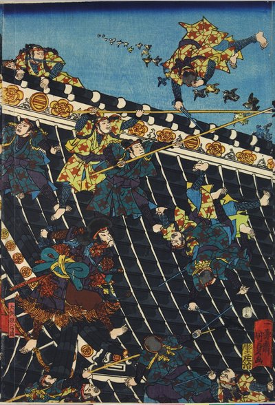 Arkusz z kolorowego tryptyku drzeworytowego, zatytułowanego Hōryukaku shō no zu, przedstawiającego scenę z Hakkenden z Takizawa Bakin przedstawiającą walkę na dachu świątyni pomiędzy Inuzuka Shino (po prawej), a policją pod dowództwem Inukai Kempachi, zaad autorstwa Utagawa Kuniyoshi