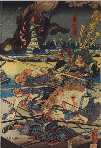 Arkusz z kolorowego tryptyku drzeworytowego, zatytułowanego Shinshū Odai kassen no zu (Bitwa pod Odai w prowincji Shinano), przedstawiającego Odai Akarokurō Yorisadę przebijającego trzech mężczyzn, podczas gdy jego zamek płonie w tle: Japonia, Edo, autorst autorstwa Utagawa Kuniyoshi