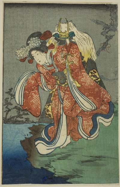 Shizuka Gozen, fragment arkusza z serii "A Harimaze Mirror of Joruri Plays" autorstwa Utagawa Kuniyoshi