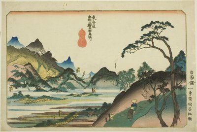 Shono, Kameyama, Seki, Sakanoshita i Tsuchiyama z serii „Słynne miejsca na pięćdziesięciu trzech stacjach Tokaido, pięć stacji (Tokaido gojusan eki goshuku meisho)” autorstwa Utagawa Kuniyoshi