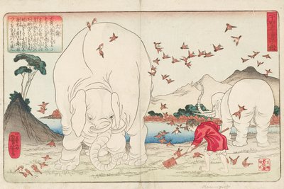 Taishun spulchniający pole przy pomocy słoni i stada wróbli, sygnowany Ichiyusai Kuniyoshi ga, ok. 1843 (kolorowy drzeworyt) autorstwa Utagawa Kuniyoshi