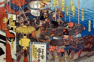 Takeda Shingen niszczy siły Suwa Yorishige (Takeda Shingen Suwa Yorishige no jinchū o uchi-kuzusu zu), c.1850-51 autorstwa Utagawa Kuniyoshi