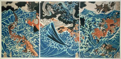 Wrak Tametomo, wyd. ok. 1836, (kolorowy drzeworyt) autorstwa Utagawa Kuniyoshi