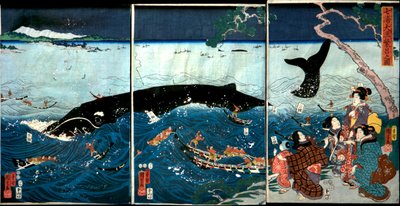Rozkwit Siedmiu Wybrzeży z Dużymi Rybami (Nana ura tairyō hanjō no zu) autorstwa Utagawa Kuniyoshi
