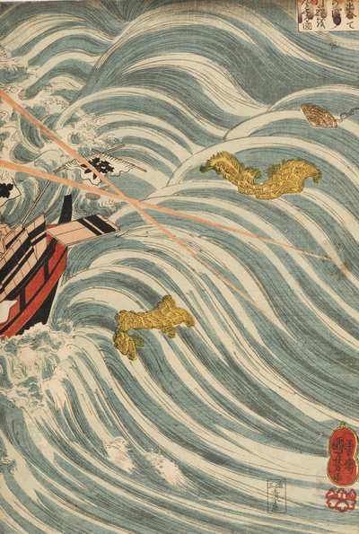 Duchy Taira atakujące statek Yoshitsune, 1843-1845 autorstwa Utagawa Kuniyoshi