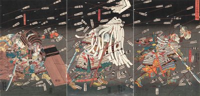 Drugi koniec d drzewa kamforowego przy grzbiecie dziecka Trudność uboju oleju i tłuszczu przy grzbiecie dziecka, c. 1851. autorstwa Utagawa Kuniyoshi