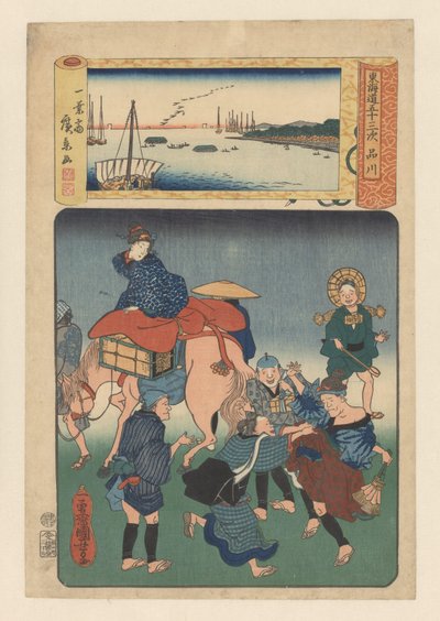 Stacja Shinagawa (tytuł na obiekcie) Pięćdziesiąt trzy stacje drogi Tokaido (tytuł serii na obiekcie) autorstwa Utagawa Kuniyoshi