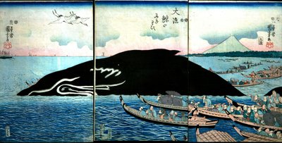 Tłum ludzi wokół schwytanego wieloryba autorstwa Utagawa Kuniyoshi