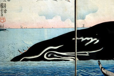 Tłum ludzi wokół schwytanego wieloryba autorstwa Utagawa Kuniyoshi