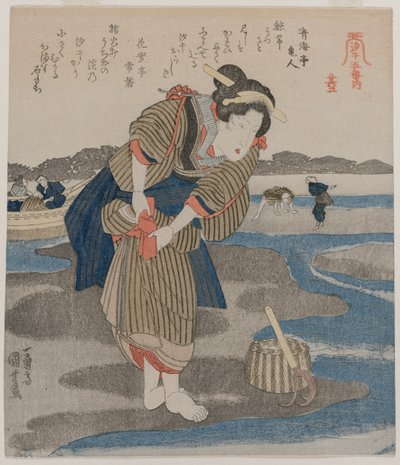 Kobieta zapinająca spódnice, z serii Pięć obrazów odpływu, koniec lat 20. XIX wieku. autorstwa Utagawa Kuniyoshi