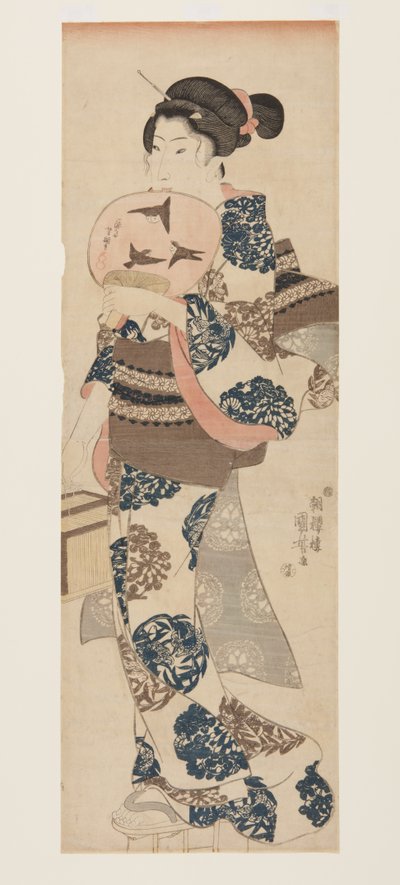 Kobieta z wachlarzem i klatką na owady (kolorowy drzeworyt) autorstwa Utagawa Kuniyoshi