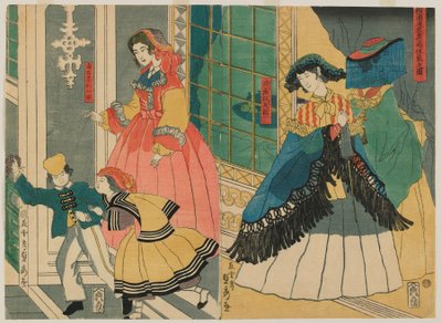 Obraz przedstawiający rezydencję zagranicznego kupca zza oceanu: Portugalia i Ameryka Południowa, okres Edo, 1861 (drzeworyt kolorowy) autorstwa Utagawa Sadahide