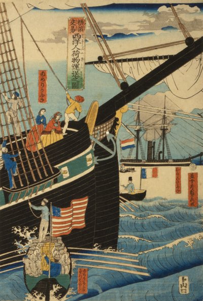 Zachodni kupcy w Jokohamie przewożący ładunki i pasażerów, 1861 r autorstwa Utagawa Sadahide