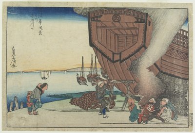 U ujścia rzeki Aji, XIX w. (kolorowy drzeworyt) autorstwa Utagawa Sadahiro