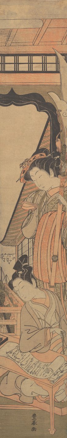 Piękna patrząca z góry na młodego mężczyznę czytającego list miłosny, ca. 1771. autorstwa Utagawa Toyoharu