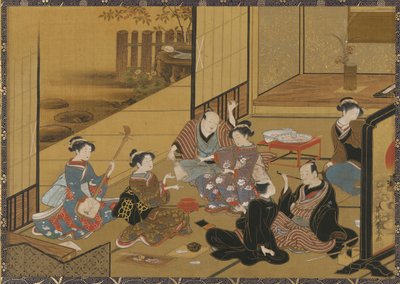 Scena wewnętrzna przyjęcia z <em>gejszą</em> i klientami autorstwa Utagawa Toyoharu