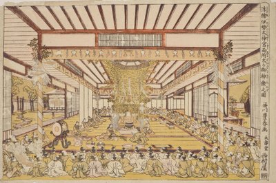 Uroczysta ceremonia w dużej sali / Uki-e Ise Daijingu Ryosho Daidai Mi-kagura no zu autorstwa Utagawa Toyoharu