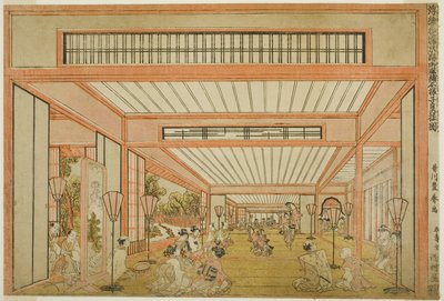 Widoki sal recepcyjnych w Japonii - Rozrywki w dniu szczura we współczesnym stylu, ok. 1771-76 autorstwa Utagawa Toyoharu