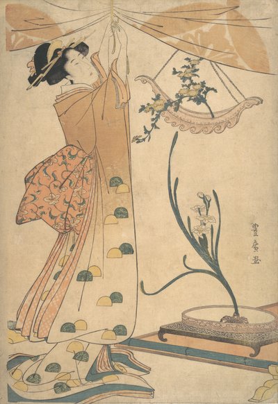 Kobieta zawiązująca zasłonę, kompozycja kwiatowa z chryzantem w kapeluszu w kształcie łódki..., ca. 1805. autorstwa Utagawa Toyohiro