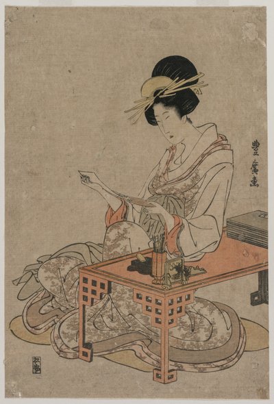 Kurtyzana siedząca przy stole do pisania, ok. godz. koniec lat 90. XVIII wieku. autorstwa Utagawa Toyohiro