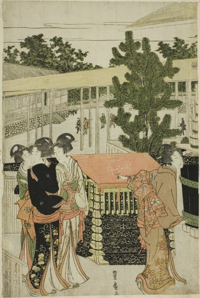 Noworoczna pielgrzymka do świątyni Myohoji w Horinouchi (Horinouchi Myohoji eho mairi no zu) autorstwa Utagawa Toyohiro