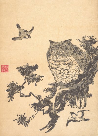 Sowa i dwie jaskółki. autorstwa Utagawa Toyohiro